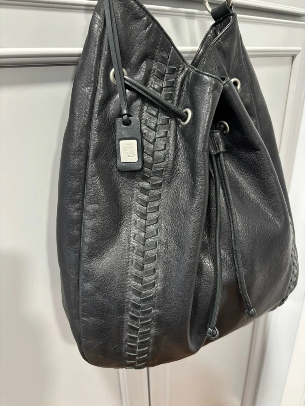 Vintage LAUREN Ralph Lauren Black Leather Braided Hobo Bag Purse MINT